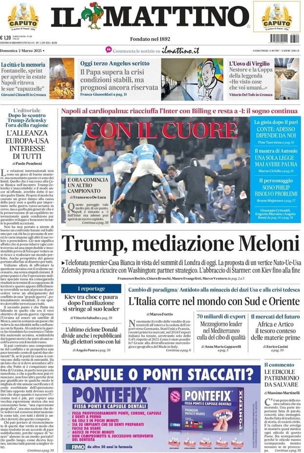 Il Mattino, prima pagina del 2 marzo 2025